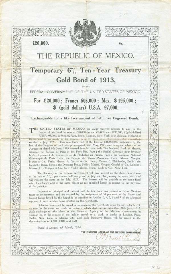 Double White Dove - Republic of Mexico - 1913 dated £20,000 British Pounds Mexican Bond